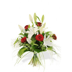 Bouquet roses rouges et lis blanc
